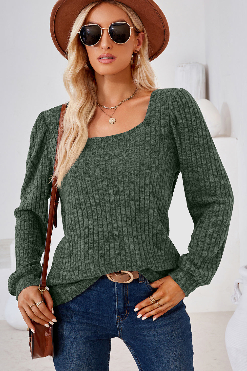 Ribbed Square Neck Long Sleeve T-Shirt Matcha Green