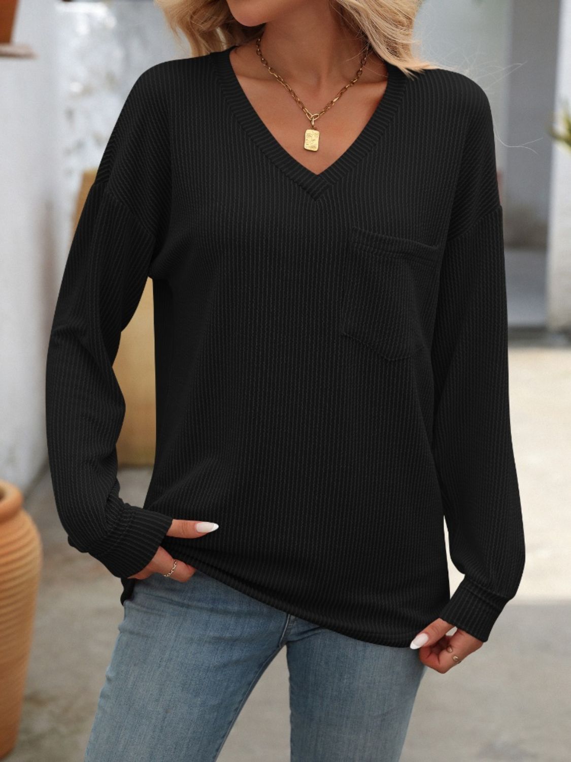 V-Neck Long Sleeve T-Shirt with Pocket - Highly Stretchy & Comfortable