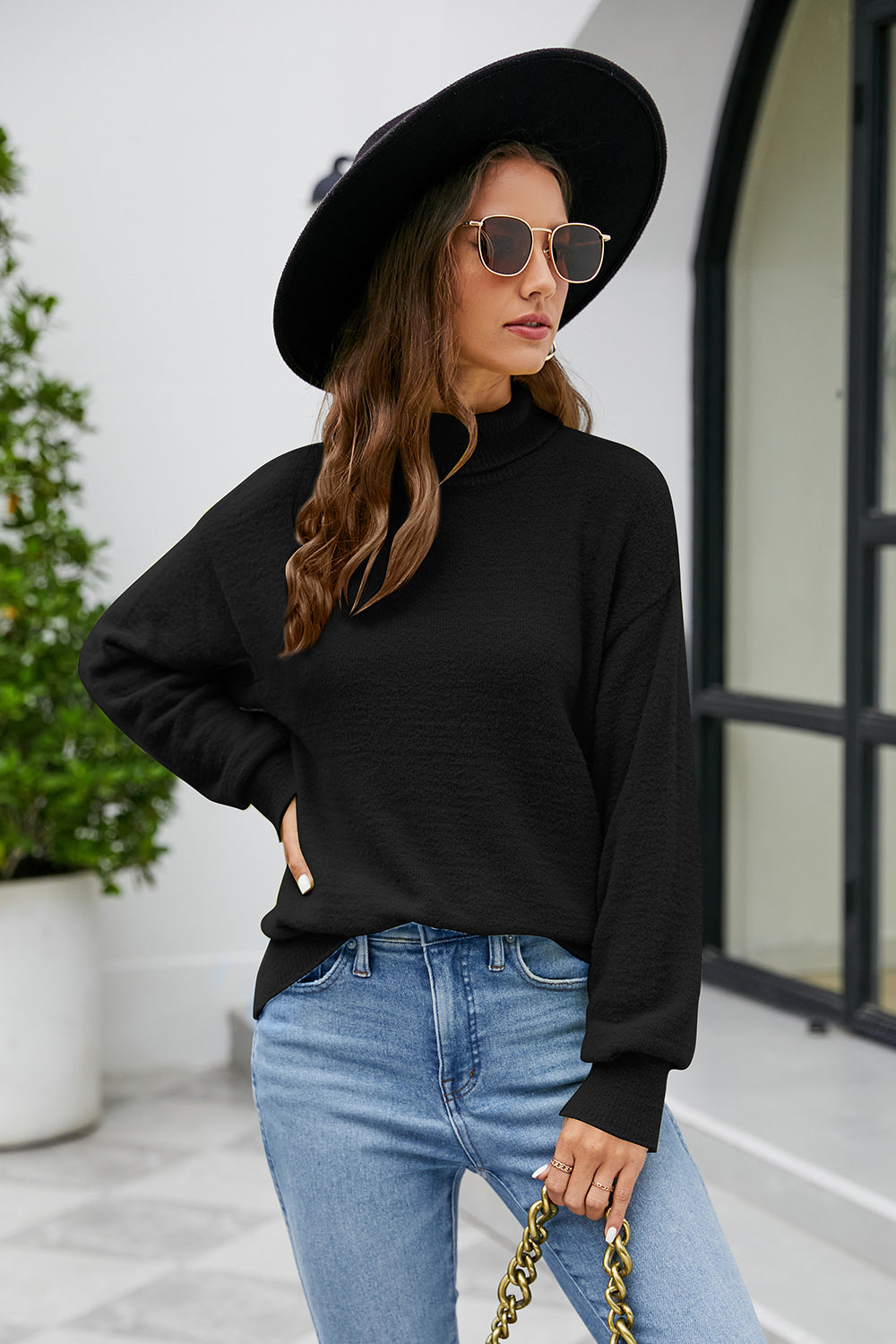 Mock Neck Dropped Shoulder Long Sleeve Sweater Black