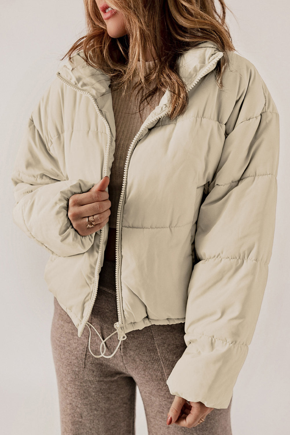 Apricot Zip Up Drawstring Hem Puffer Coat Apricot 100%Polyester