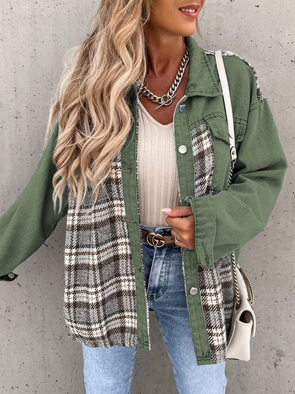 Plaid Button Up Dropped Shoulder Jacket Matcha Green