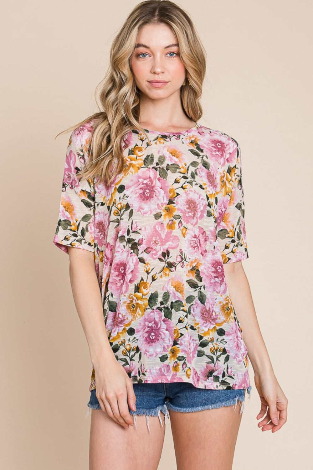 BOMBOM Floral Round Neck T-Shirt Sand