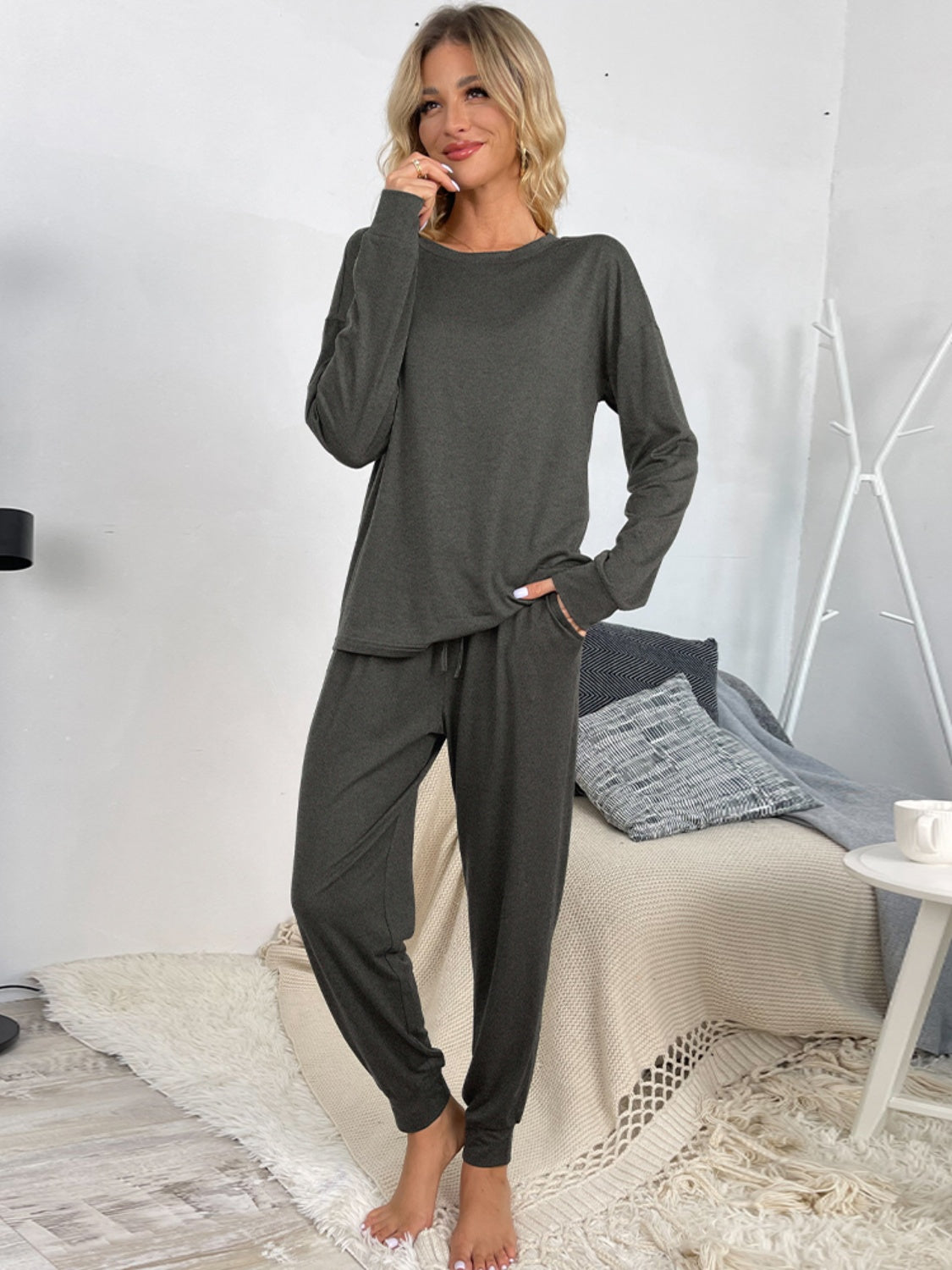 Shiny Round Neck Top and Drawstring Pants Lounge Set Dark Gray