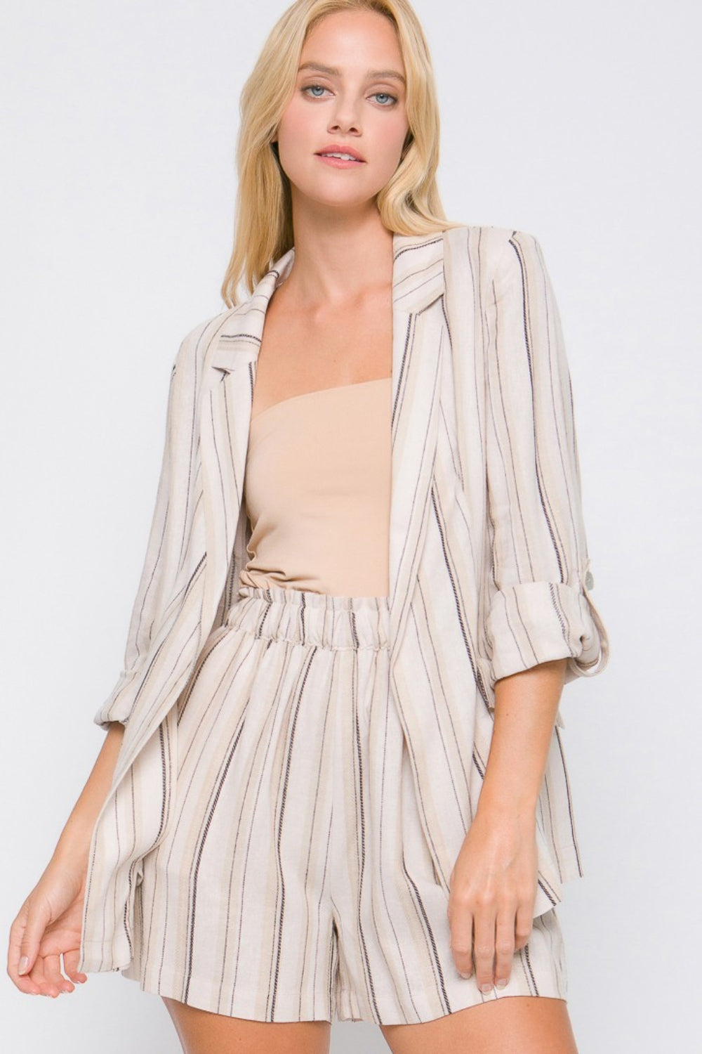 Love Tree Linen Woven Striped Blazer Mocha