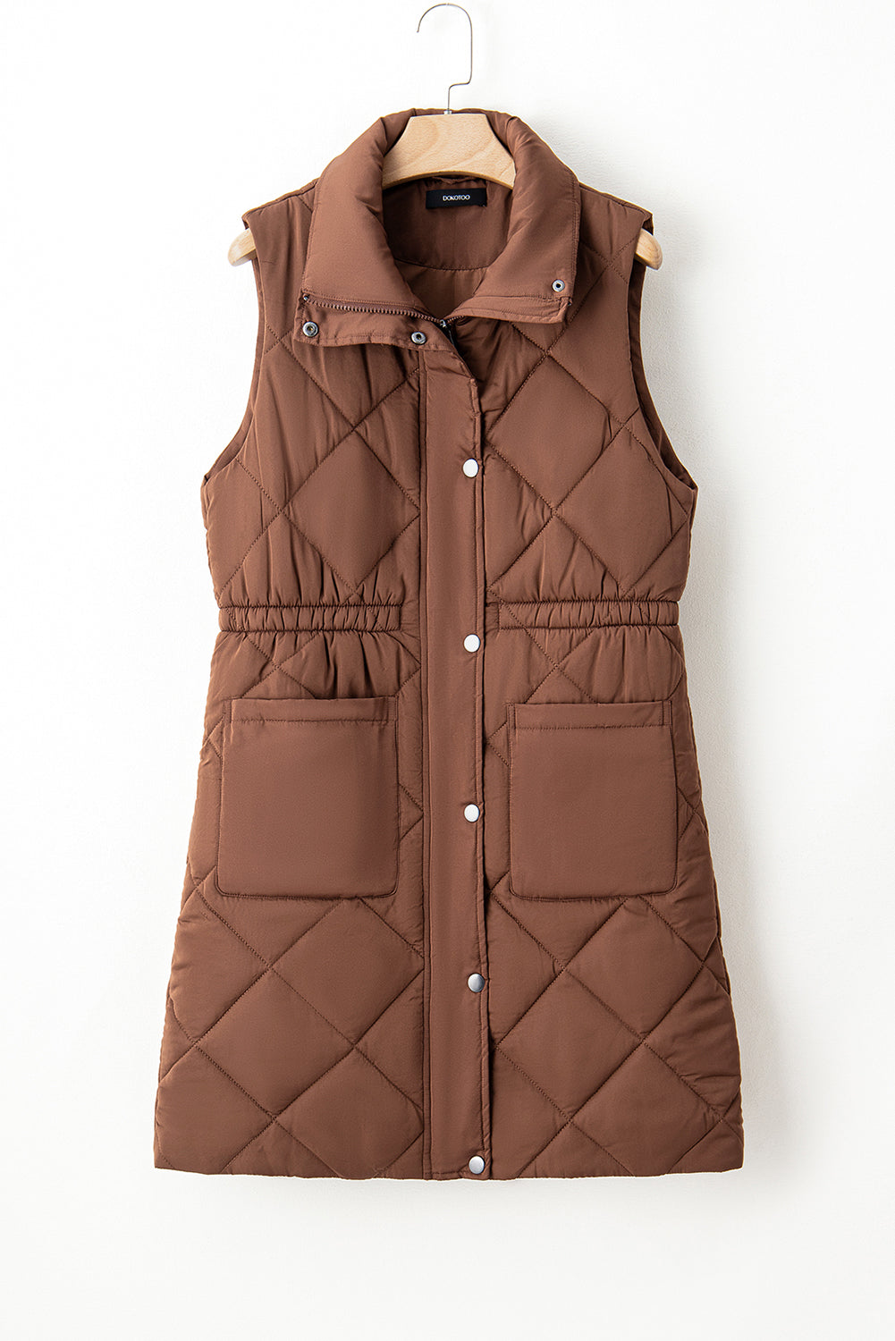 Coffee Longline Quilted Stand Collar Puffer Vest