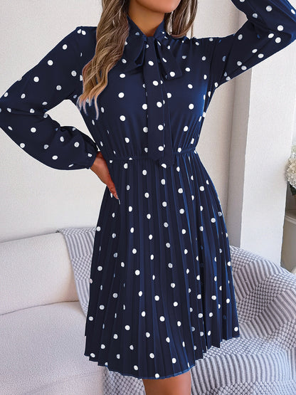 Polka Dot Tie Neck Pleated Dress