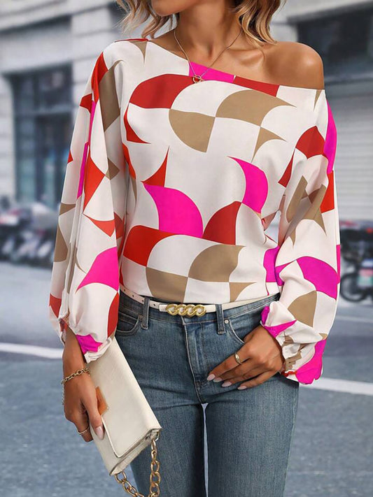 Printed One Shoulder Balloon Sleeve Blouse Hot Pink