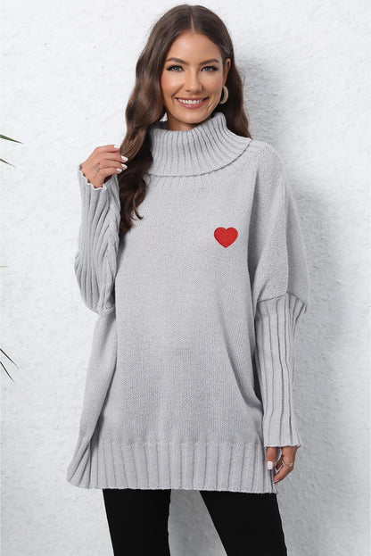 Turtle Neck Long Sleeve Ribbed Sweater Light Gray One Size