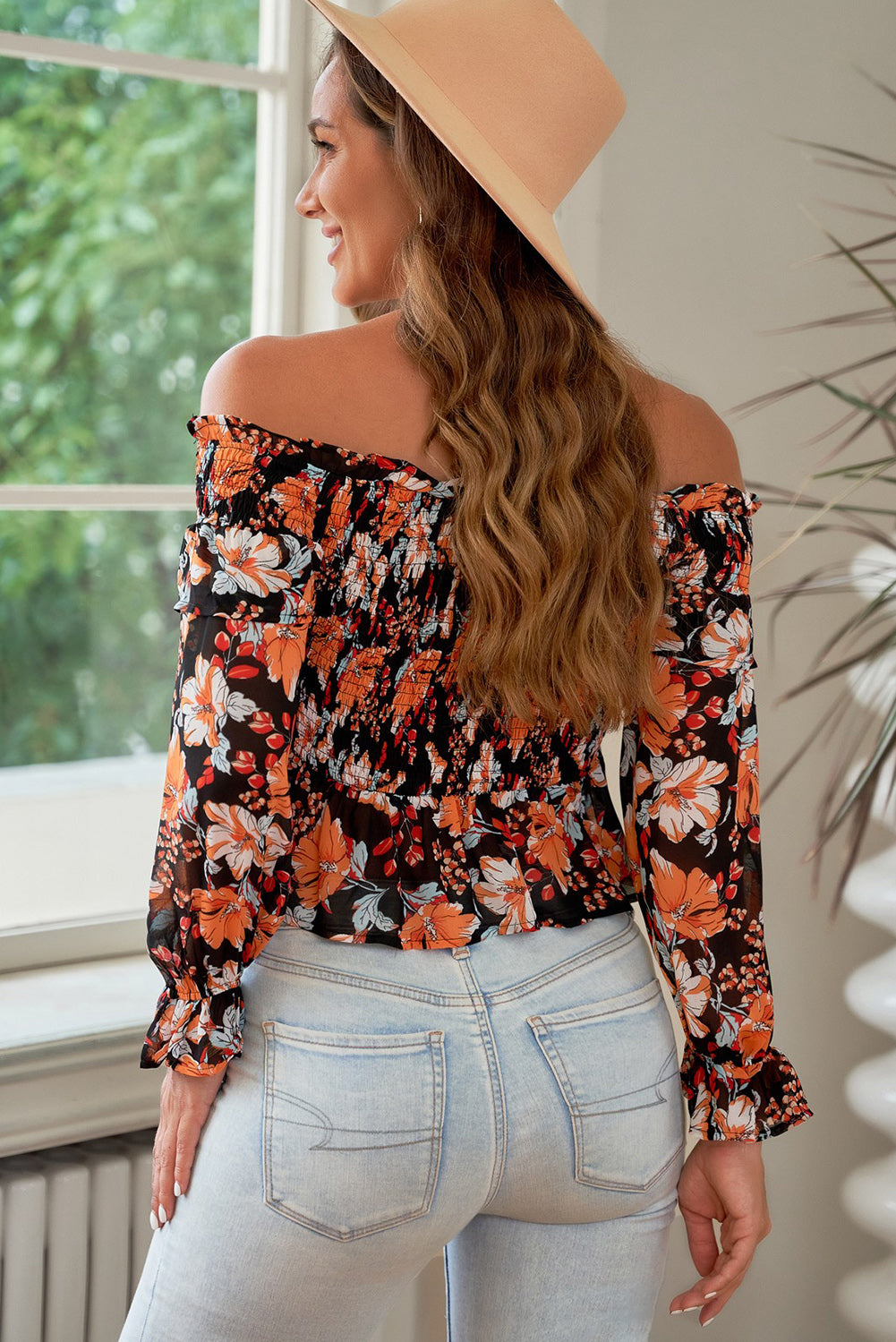 Floral Smocked Off-Shoulder Peplum Top - Thandynie