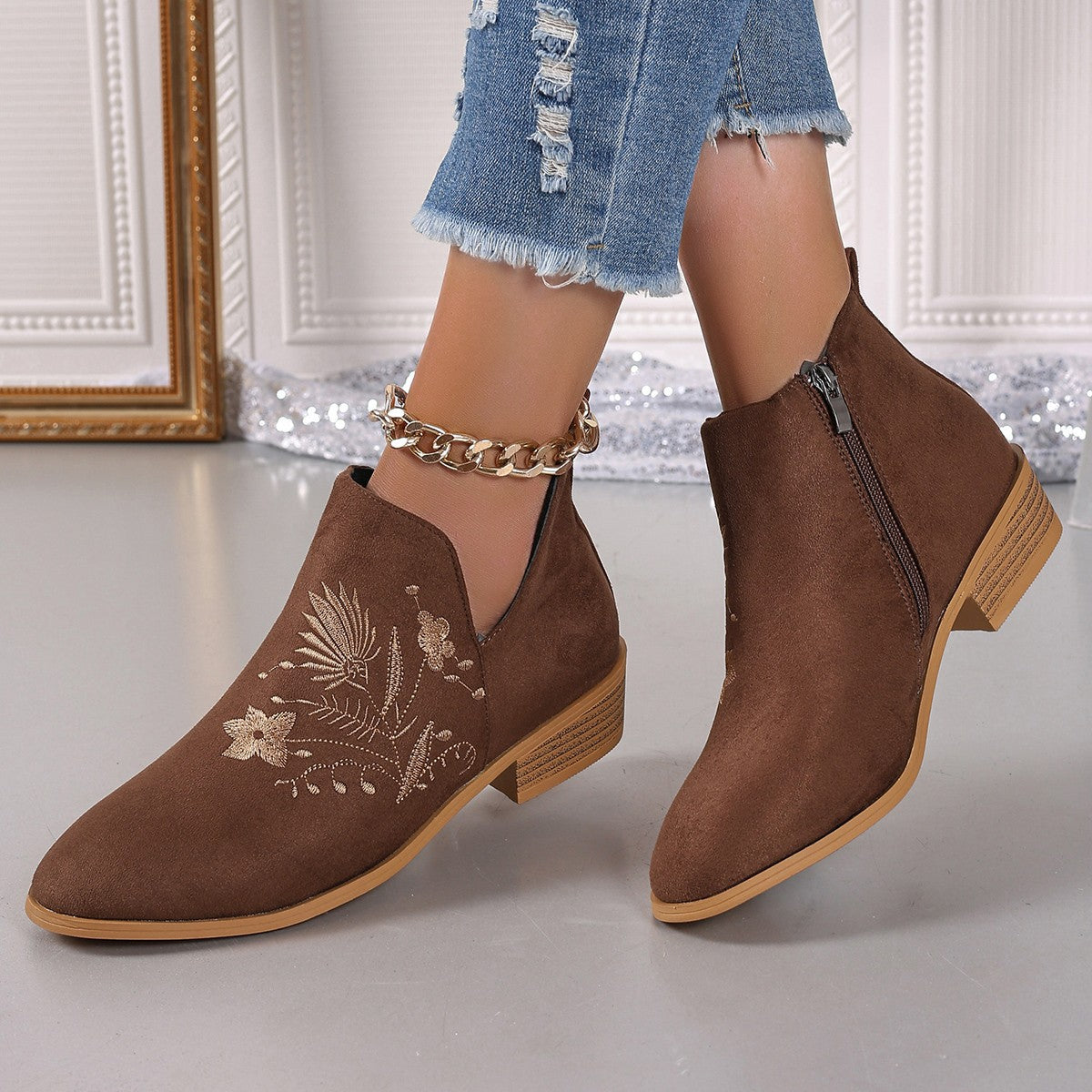 Embroidered Suede Point Toe Block Heel Boots Brown