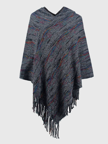 Fringe Hem Hooded Poncho Black One Size