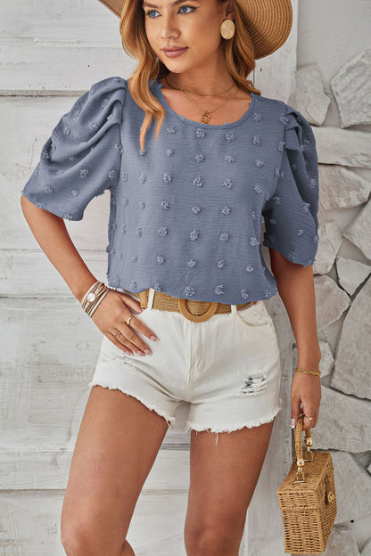 Swiss Dot Round Neck Short Sleeve Blouse Dusty Blue