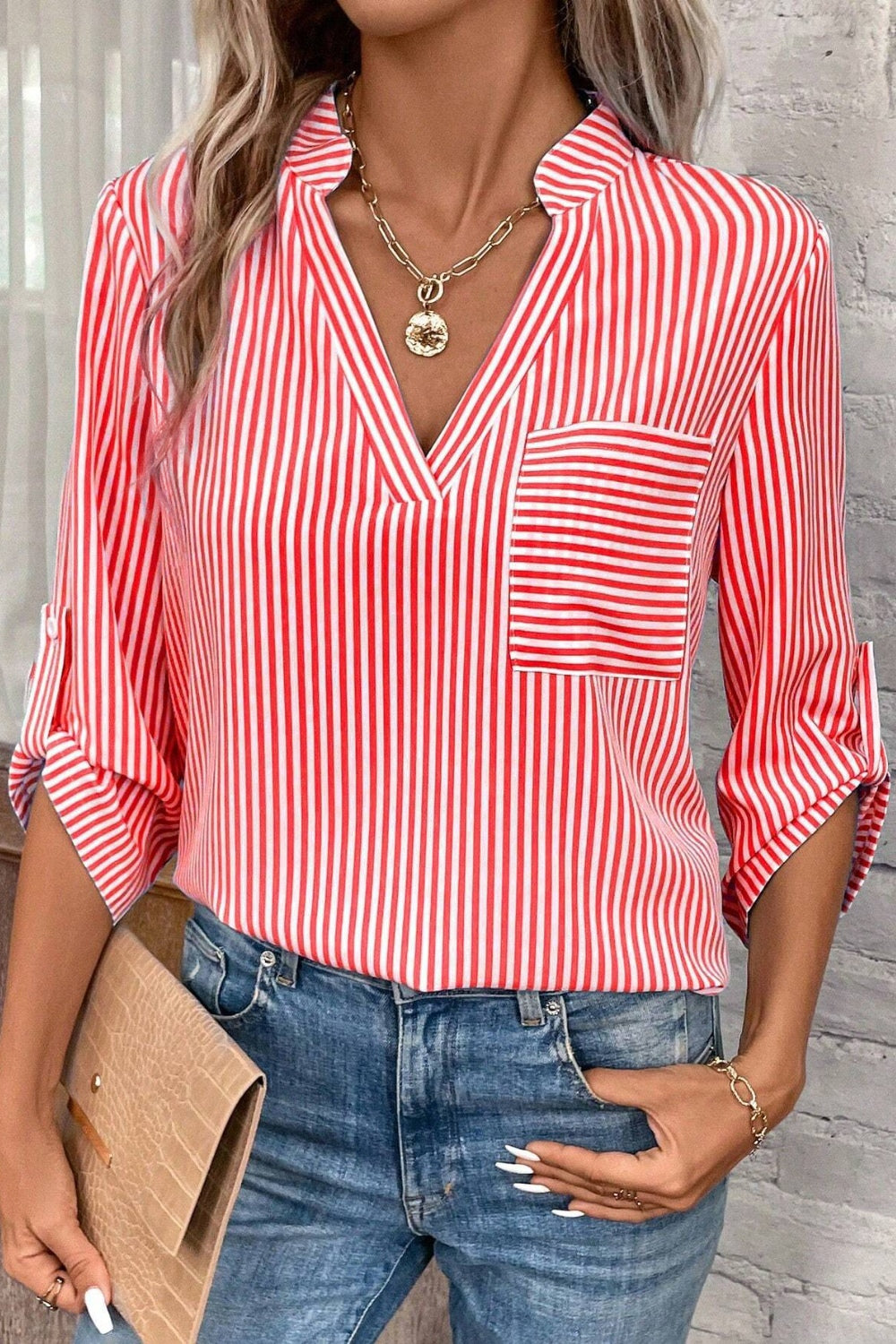 Striped Notched Roll-Tab Sleeve Shirt Red