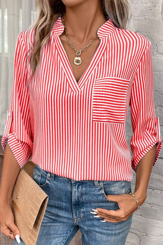 Striped Notched Roll-Tab Sleeve Shirt Red