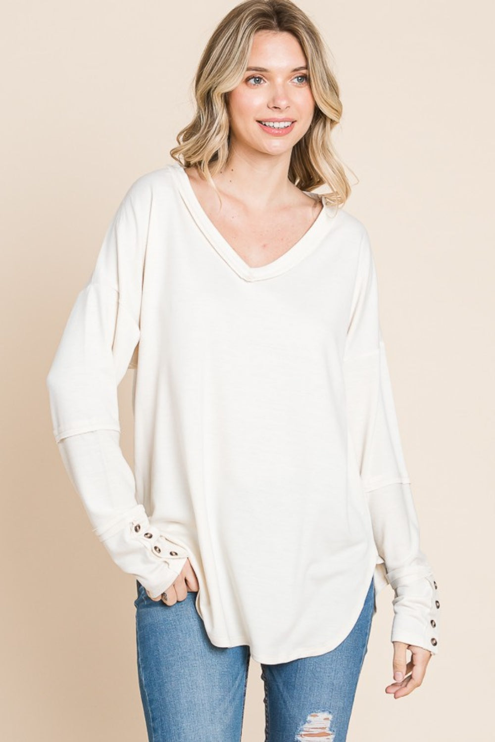 Culture Code Full Size V-Neck Dropped Shoulder Blouse ECRUCREAM