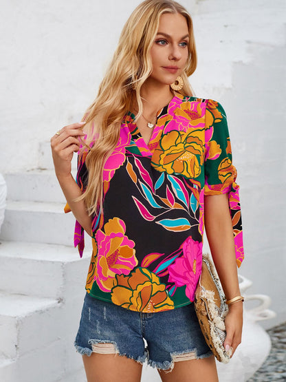 Tied Printed Notched Short Sleeve Blouse Hot Pink