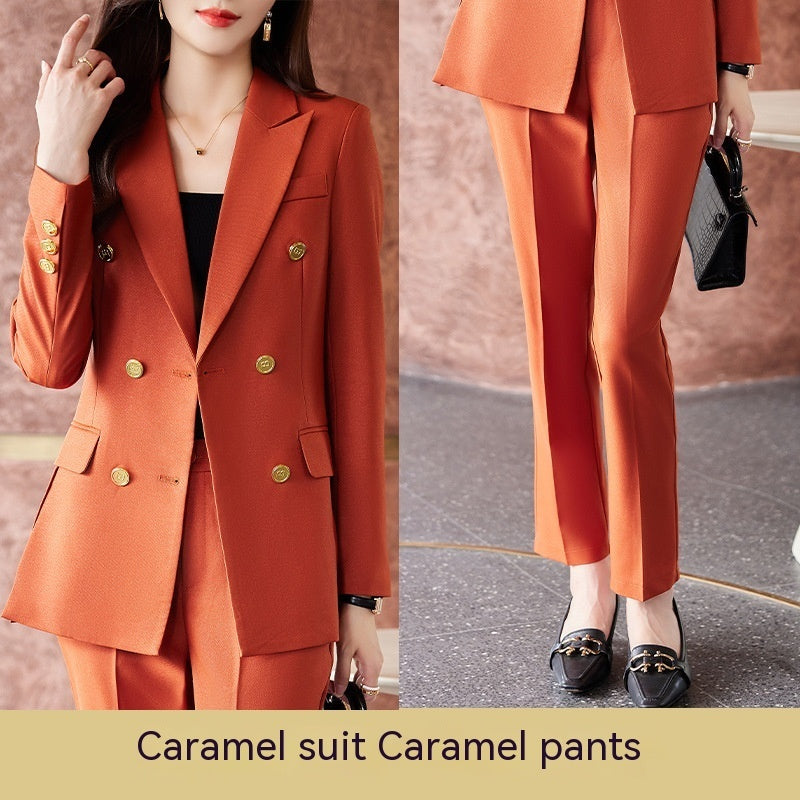 Caramel Suit Women's Fashion Temperament Double Breasted High Sense Slim Fit Suits Caramel Suit Pants