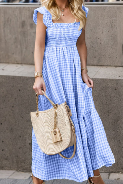 Full Size Smocked Ruffled Plaid Ruffle Hem Dress Blue