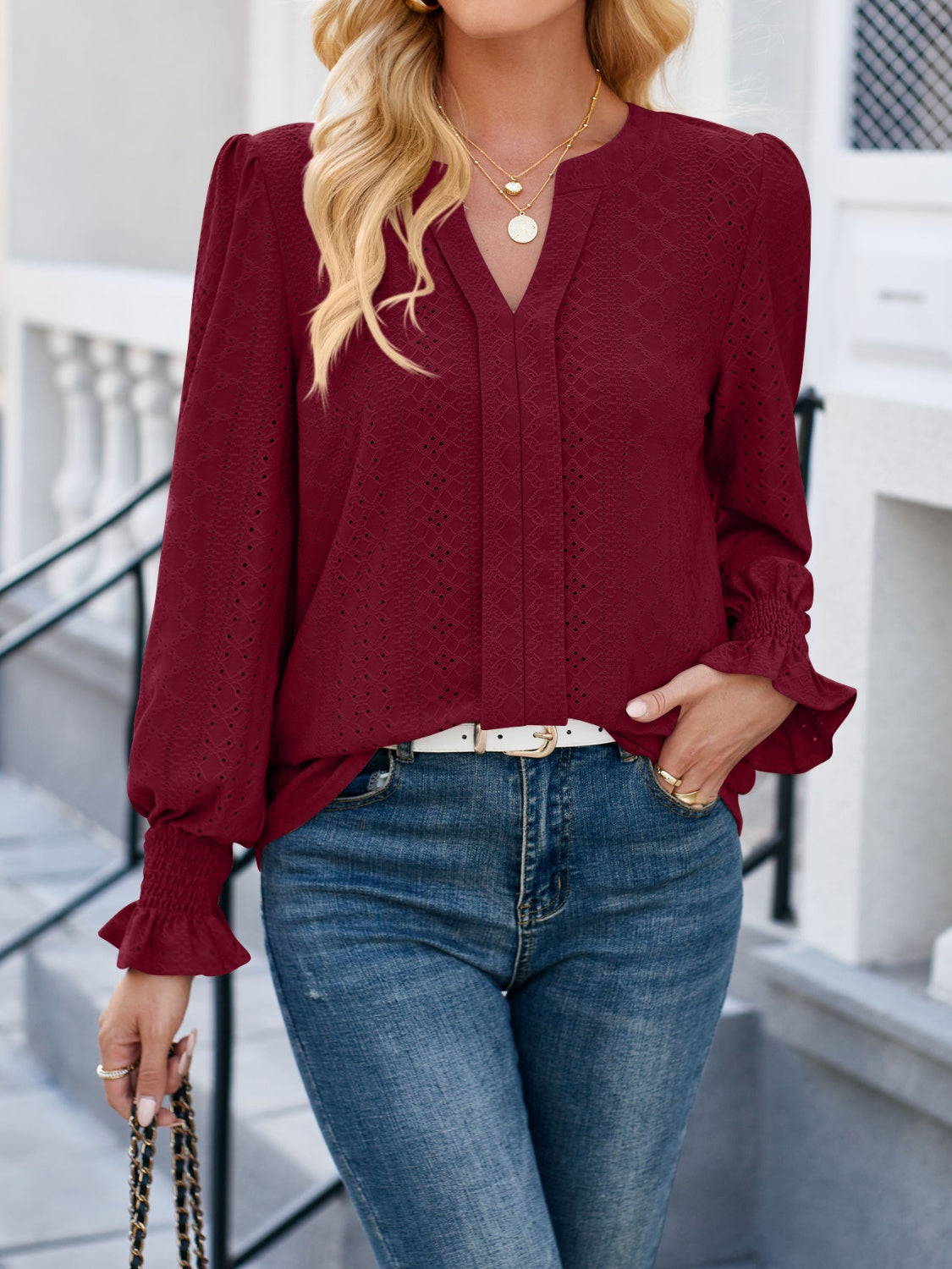 Eyelet Notched Flounce Sleeve Blouse Burgundy