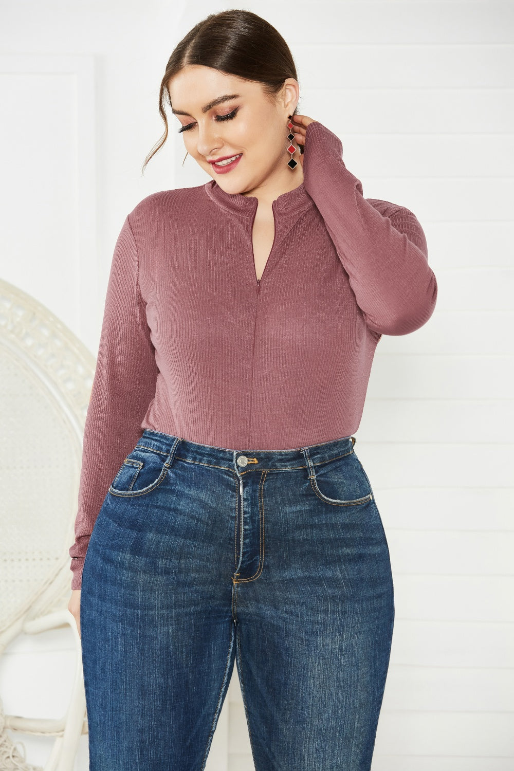 Plus Size Zip Up Long Sleeve Bodysuit - Thandynie