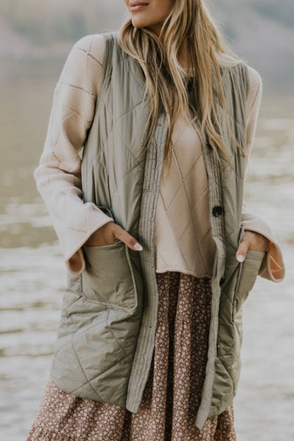 Grass Green Quilted Long Vest Jacket with Pockets Grass Green 100%Polyester