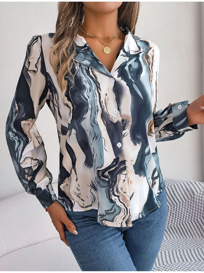 Printed Button Up Long Sleeve Shirt Light Blue