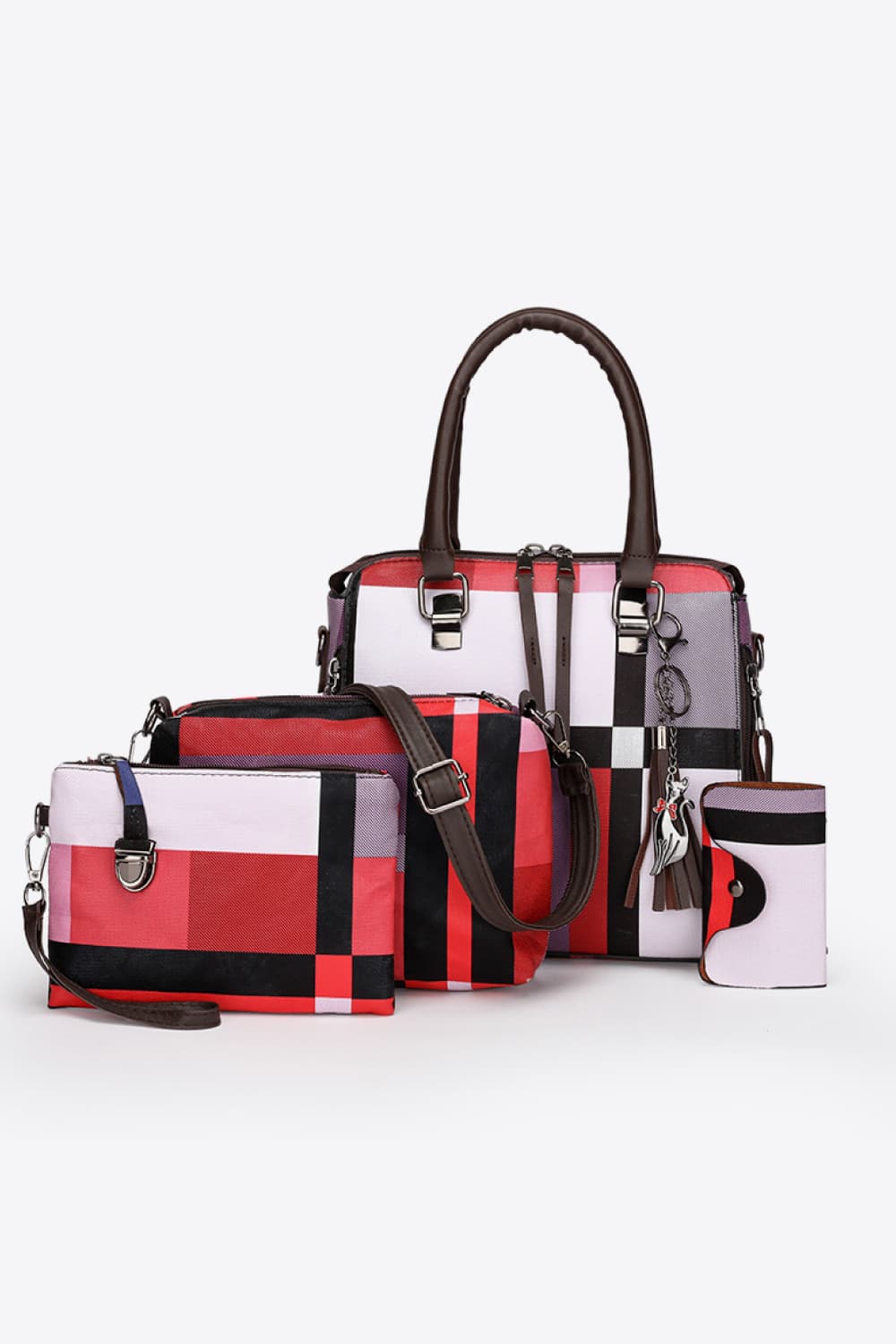 4-Piece Color Block PU Leather Bag Set Red One Size