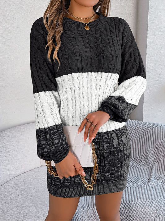 Cable-Knit Round Neck Color Block Sweater Dress Black