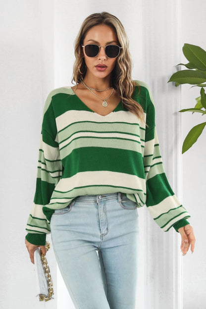 Striped V-Neck Dropped Shoulder Sweater Green