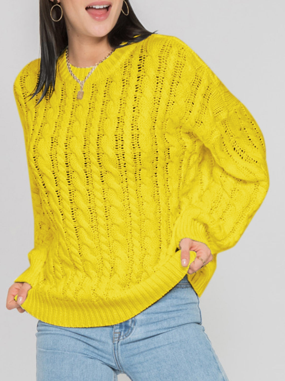 Openwork Round Sleeve Cable-Knit Sweater Banana Yellow