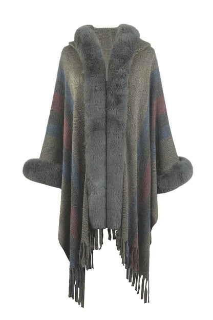 Color Block Fringe Detail Poncho Charcoal One Size