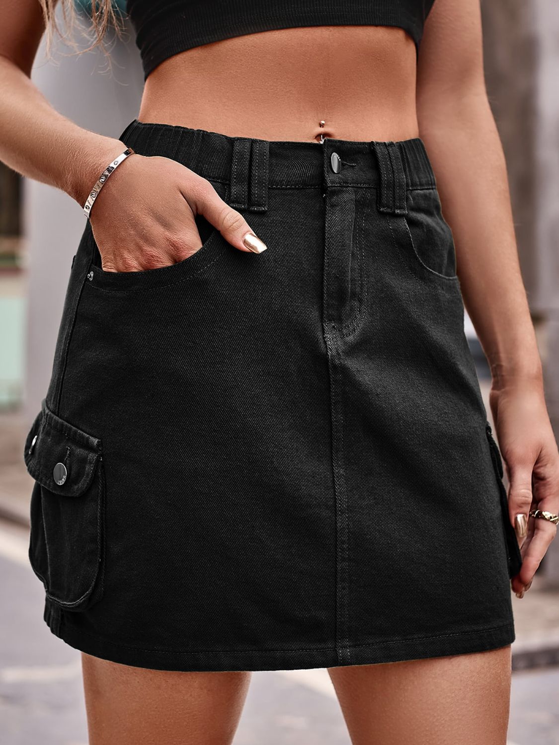 Denim Mini Skirt with Pockets Black
