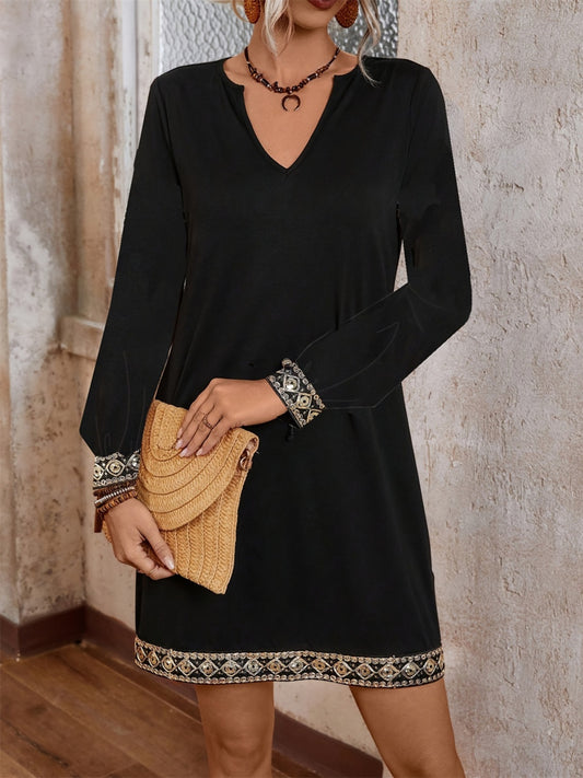 Embroidered Notched Long Sleeve Mini Dress Black