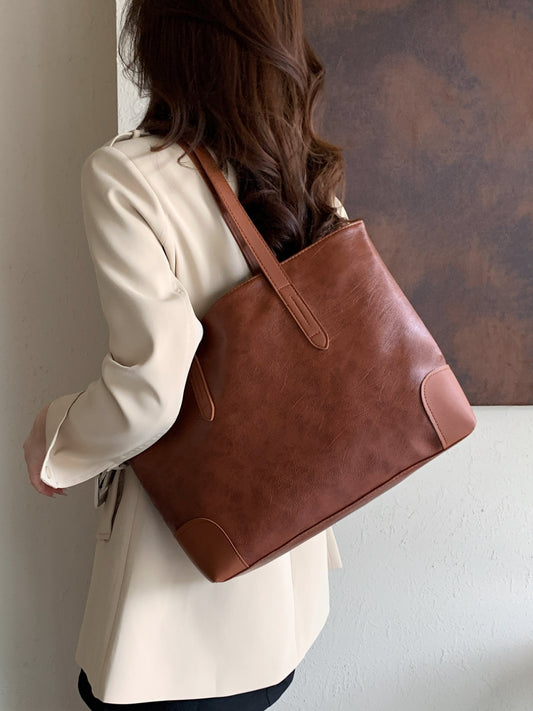 PU Leather Medium Tote Bag Brown One Size