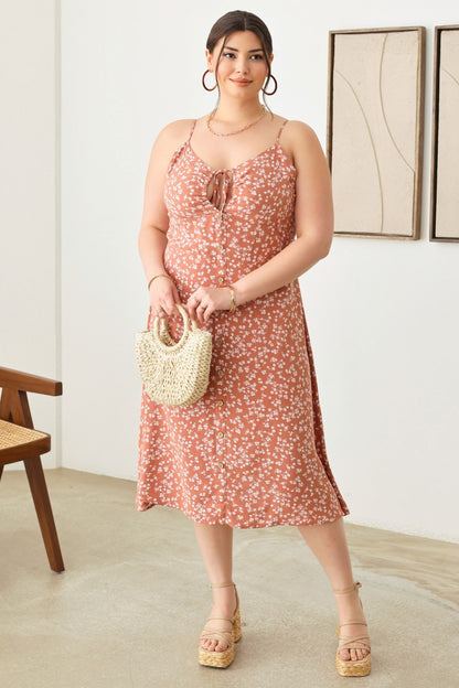 Zenobia Plus Size Cutout Floral Spaghetti Strap Dress Brown