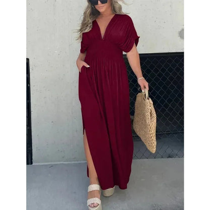 Fashion Bat-sleeved V-neck Slit Dress Summer Short Sleeve Elastic Waist Long Dresses Womens Clothing Wine Red