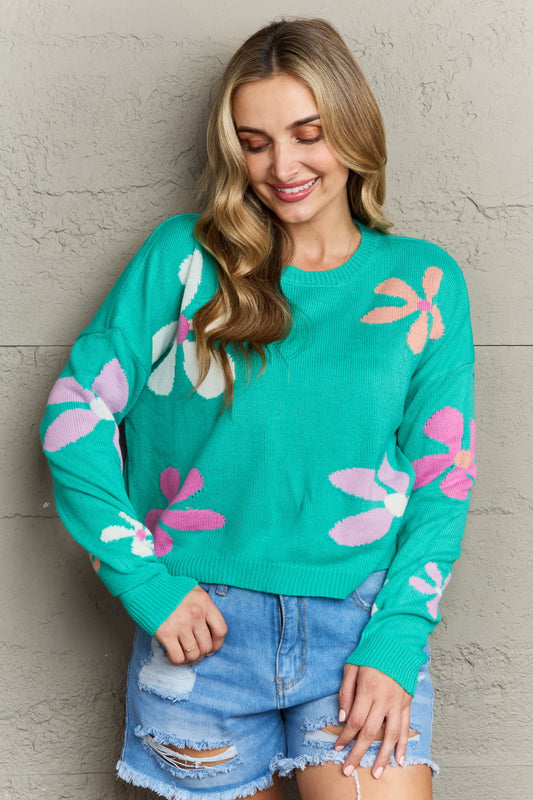 Floral Dropped Shoulder Ribbed Trim Sweater Green