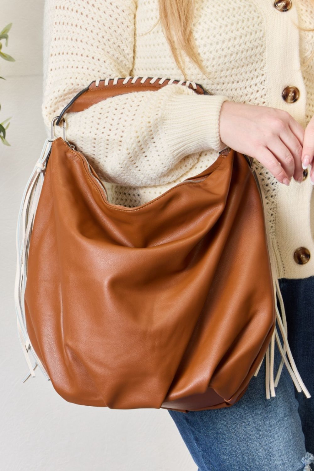 SHOMICO Fringe Detail Contrast Handbag TAN One Size