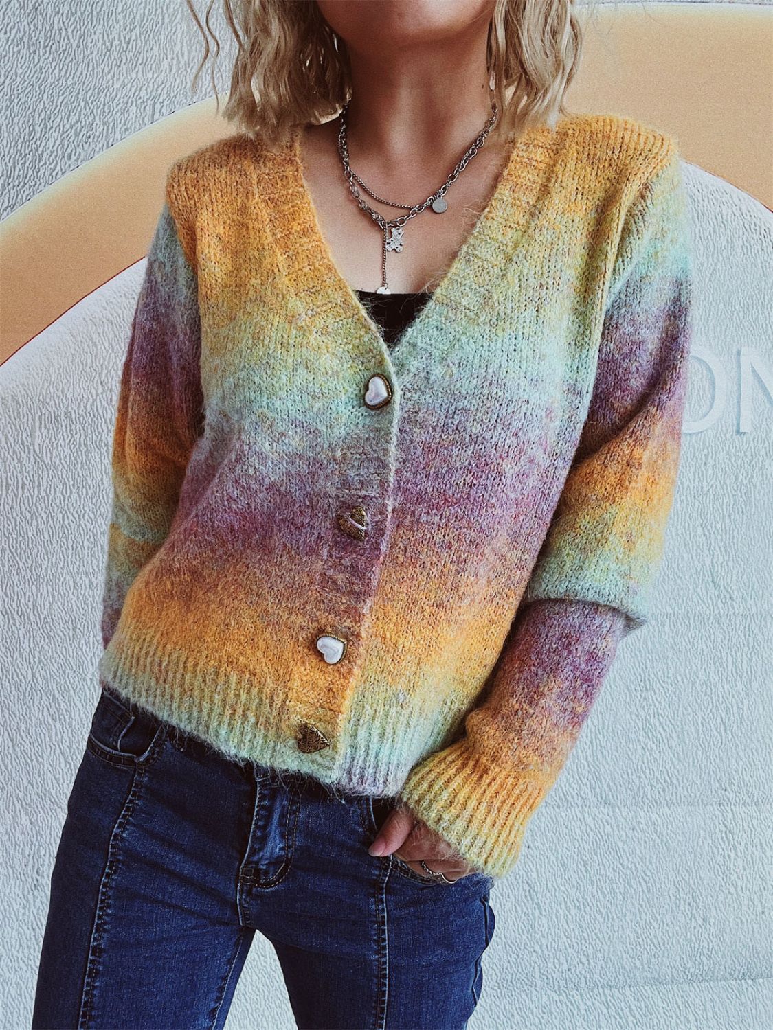 Gradient Heart Shape Button V-Neck Cardigan Multicolor One Size