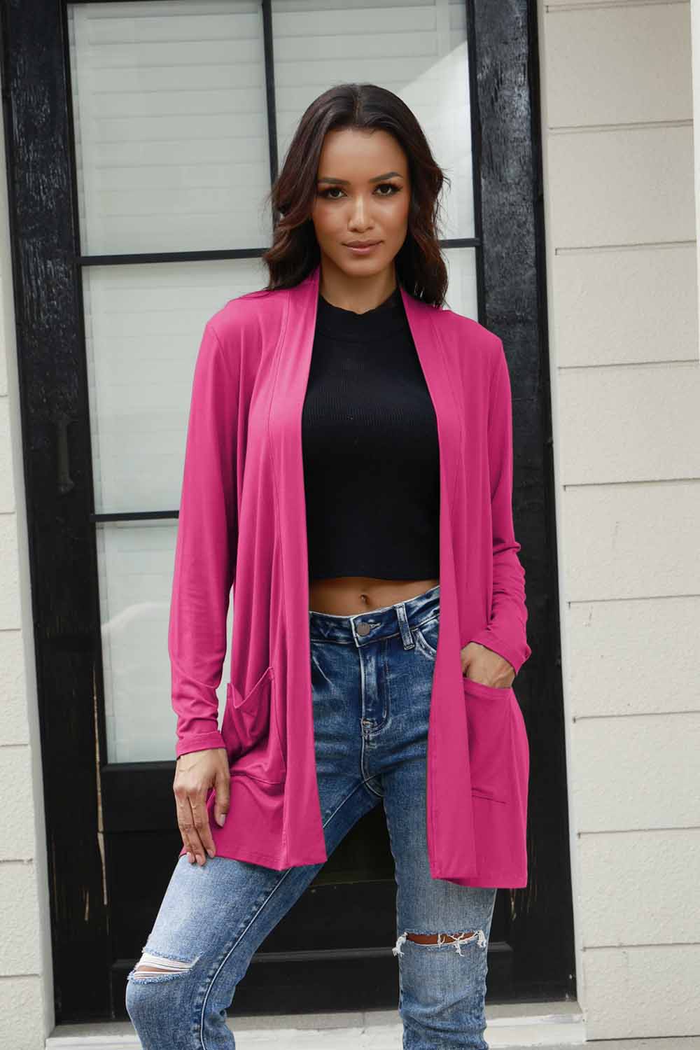 Basic Bae Full Size Open Front Long Sleeve Cardigan with Pockets Hot Pink