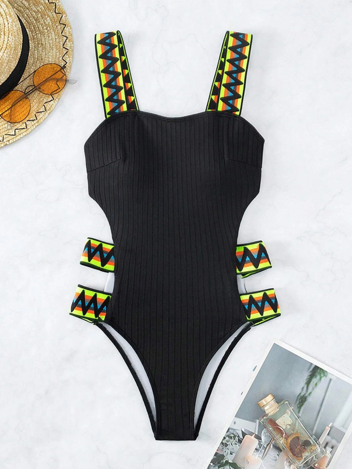 Cutout Wide Strap One-Piece Swimwear Black