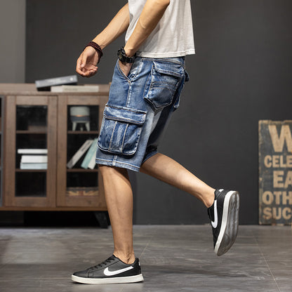 Multi-Pocket Workwear Five Points Denim Shorts Men