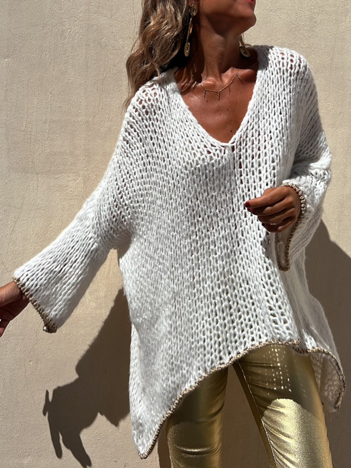 Contrast V-Neck Long Sleeve Sweater White