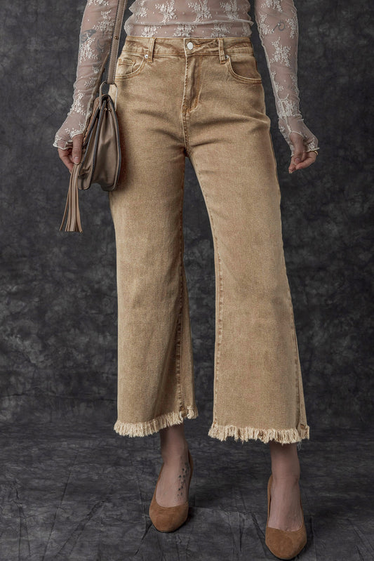 Light French Beige Acid Washed High Rise Cropped Wide Leg Jeans Light French Beige 50%Cotton+26%Polyester+22%Lyocell+2%Elastane