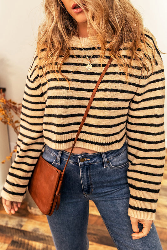 Striped Round Neck Long Sleeve Cropped Sweater Mustard