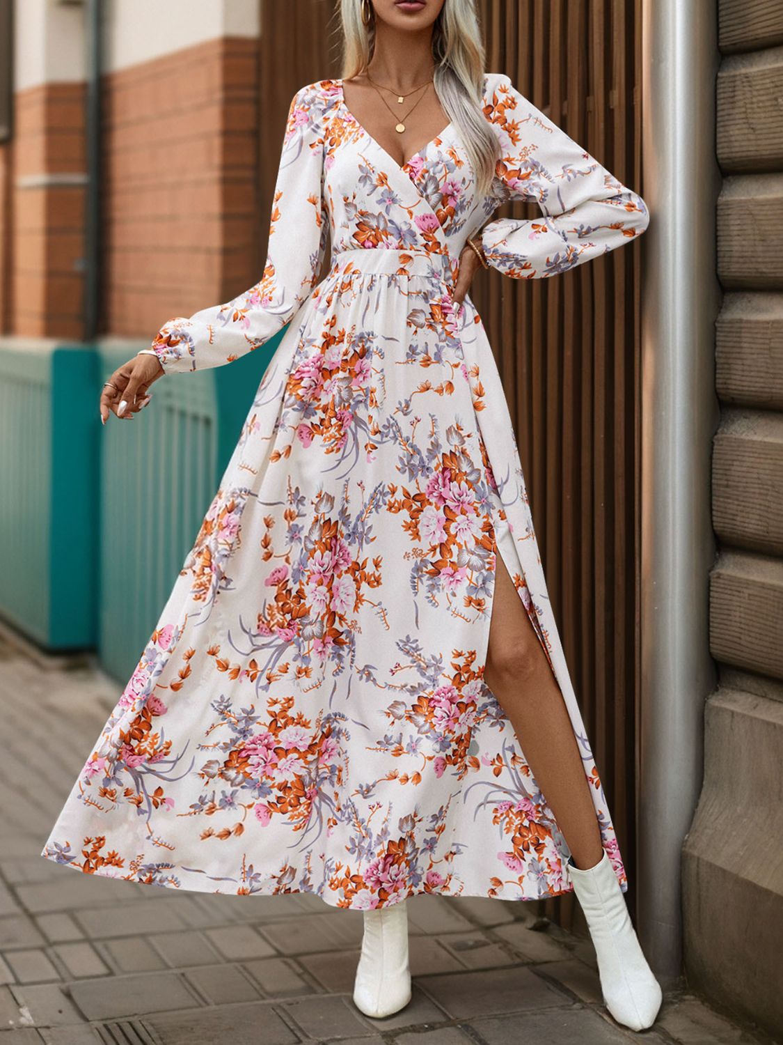 Slit Printed Surplice Long Sleeve Maxi Dress White