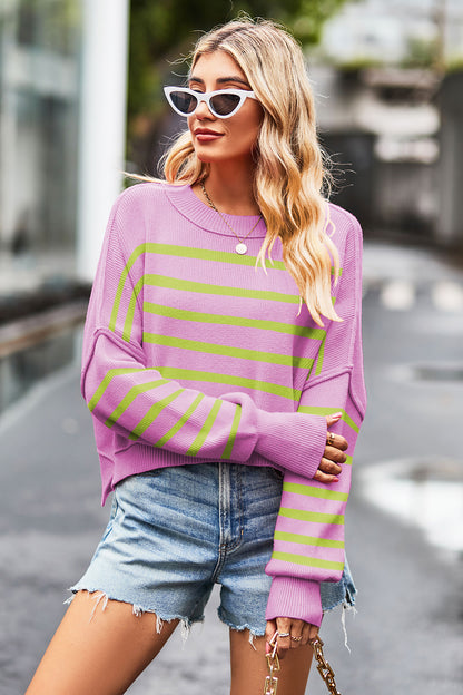 Striped Round Neck Drop Shoulder Slit Sweater Red-Violet