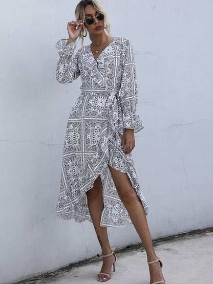 Perfee Ruffled Slit Surplice Long Sleeve Dress White