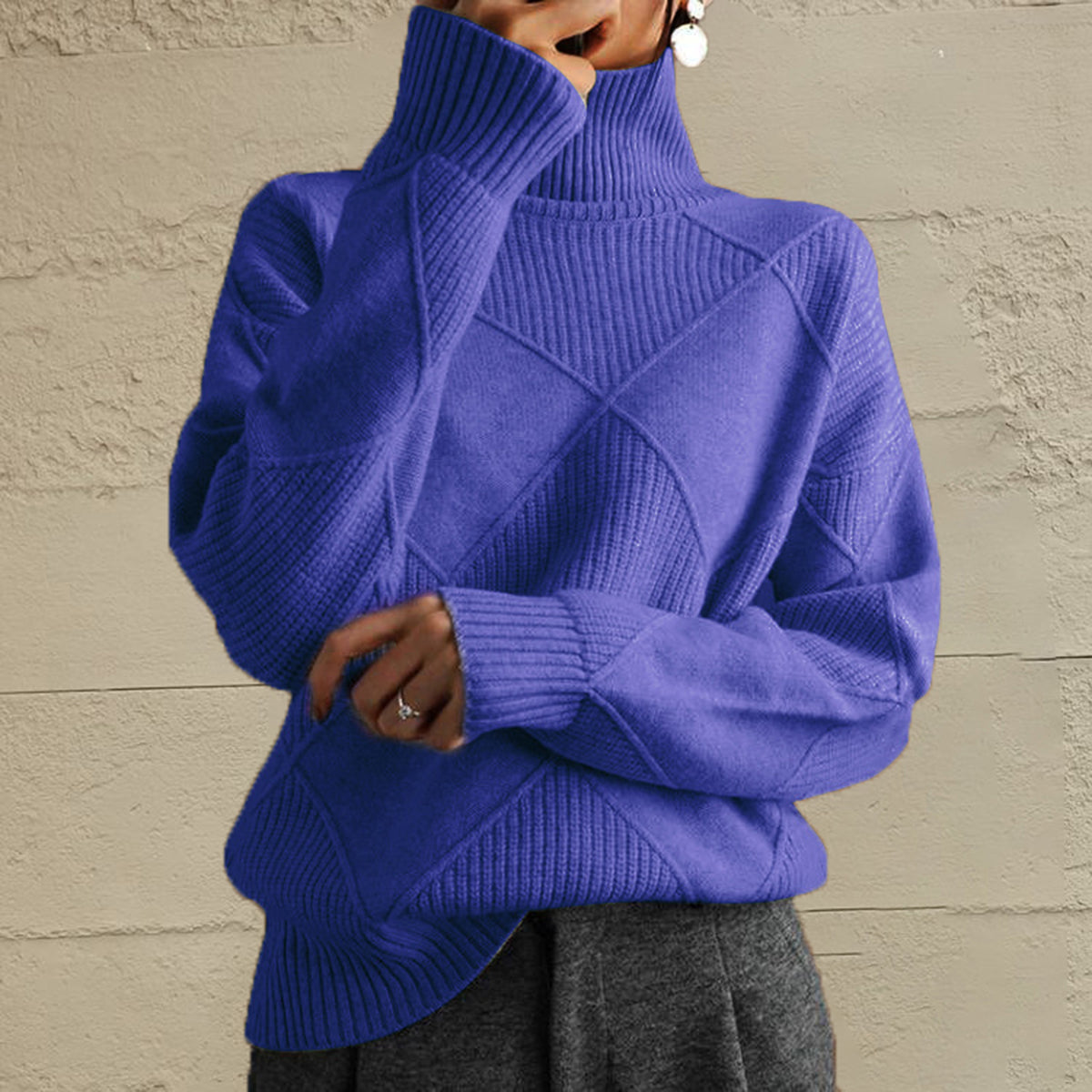 Geometric Turtleneck Long Sleeve Sweater Indigo