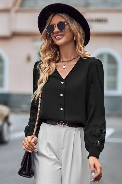 Spliced Lace V-Neck Puff Sleeve Shirt Black